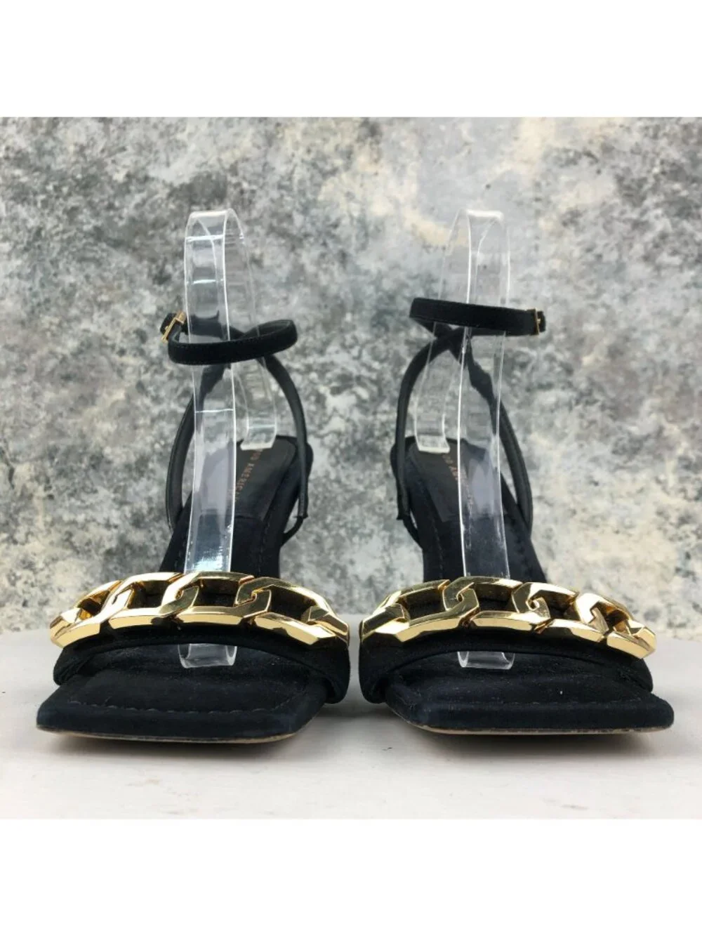 Good American Women' Size 9 Black Gold Chain Ankle Strap High Heel Sandals SPAIN